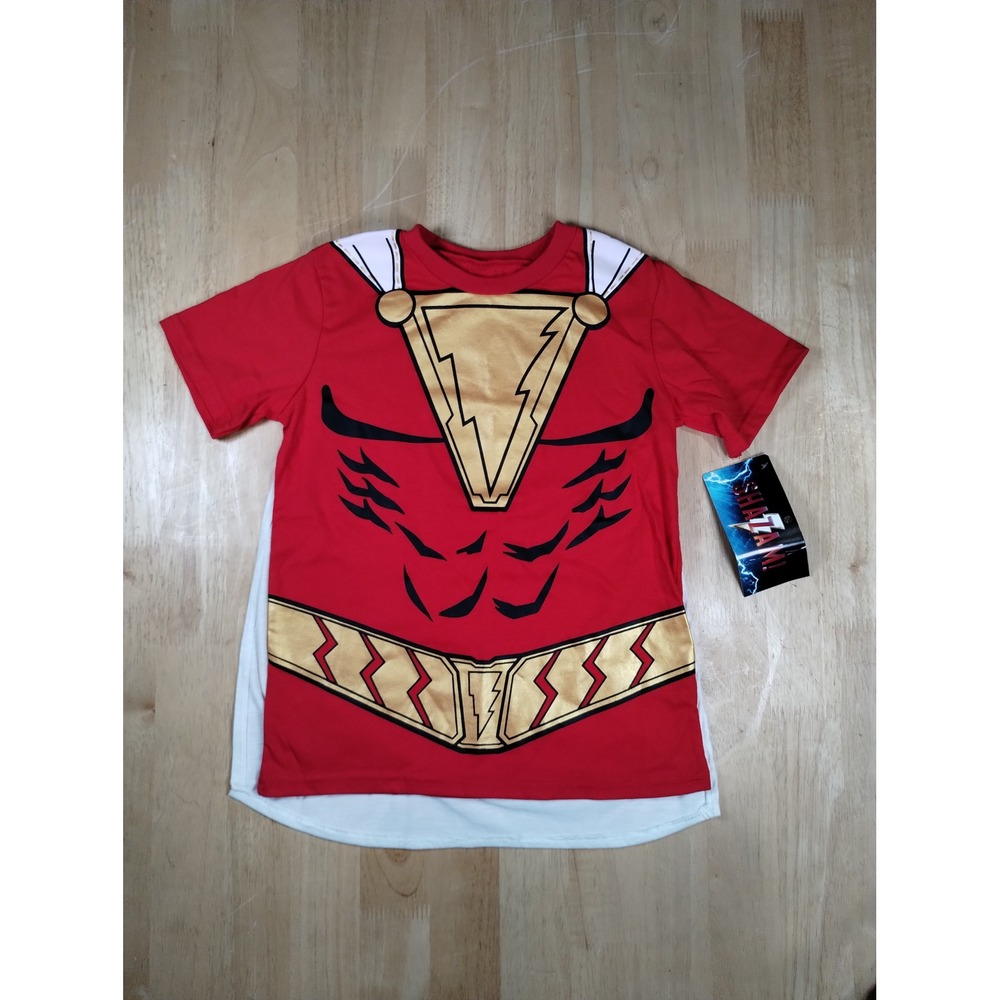 DC Comics Shazam Kids Superhero Costume T-Shirt with Attached Cape Red New Sz 10